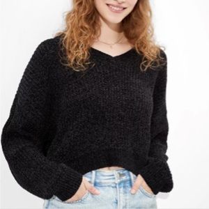 American Eagle Burgundy Cropped Chenille V-Neck Sweater
